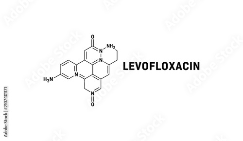 Cuadro en lienzo A black and white vector chemical formula structure of Levofloxacin antibiotic with text label, isolated on a white background