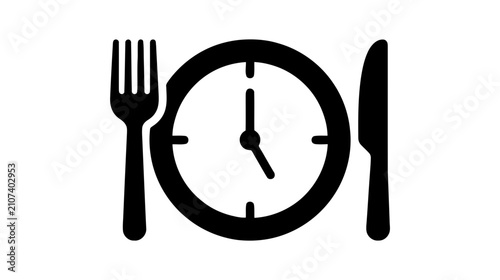 Vector illustration of icon of a clock combined with a fork and knife representing meal time on a transparent background