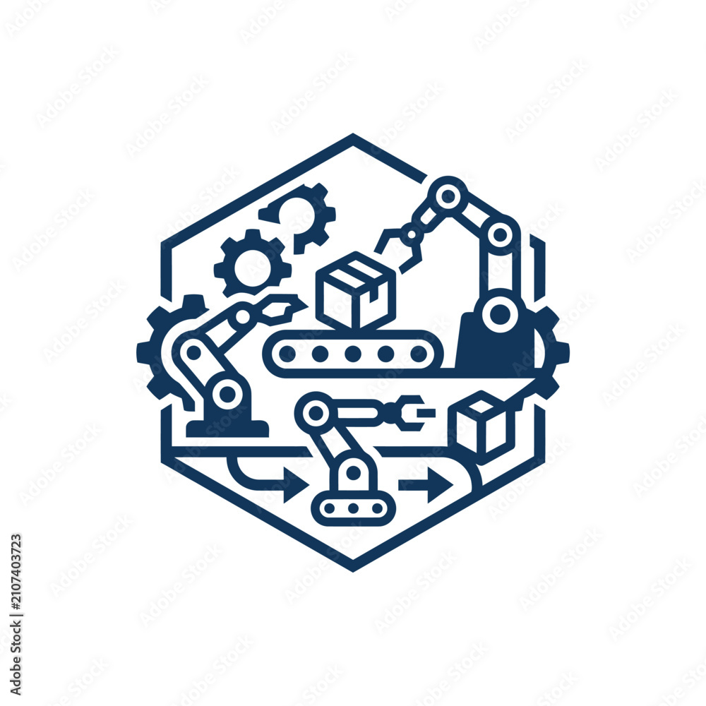 Fototapeta premium A dark blue icon showing an automated factory production line
