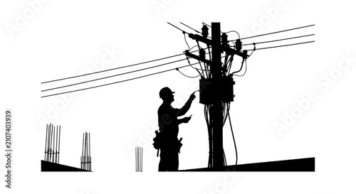 Black silhouette of an electrician repairing power lines on a wooden utility pole isolated on transparent background, Vector