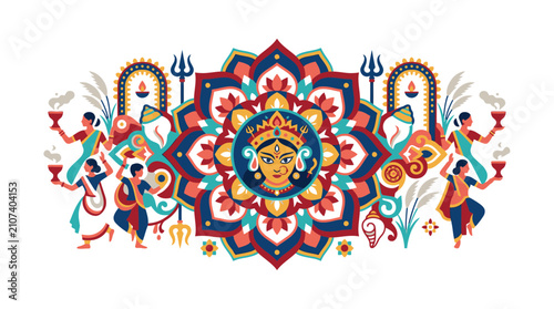 Durga Puja Festival Illustration with Goddess Face and Dancers