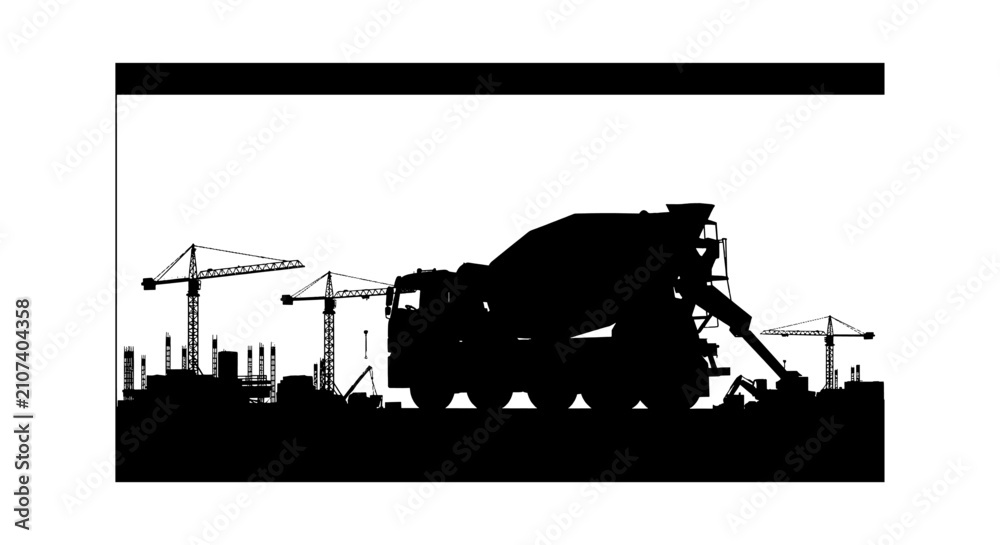 Obraz premium Black silhouette of a concrete mixer truck at a construction site with tower cranes isolated on transparent background, Vector