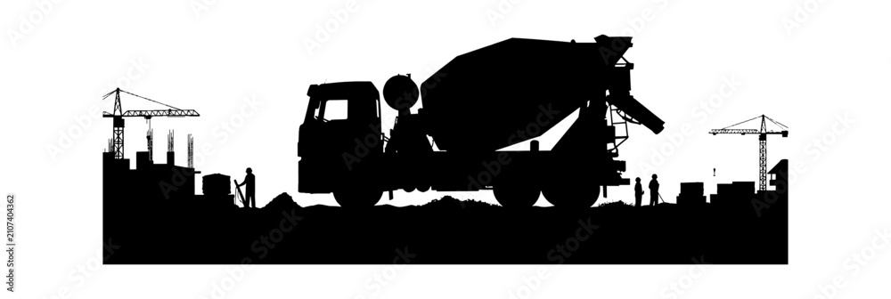 Obraz premium Black silhouette of a concrete mixer truck working at a construction site with cranes and workers isolated on transparent background, Vector
