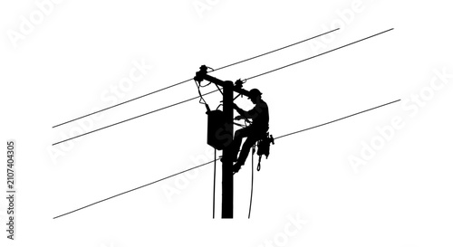 Black silhouette of a utility worker fixing electric power lines on a tall wooden pole isolated on transparent background, Vector