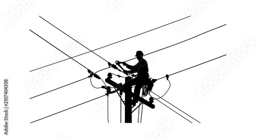 Black silhouette of an electrician working on a utility pole with power lines isolated on transparent background, Vector