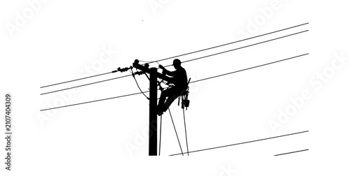 Black silhouette of a professional electrician working on a tall utility pole with electrical wires and power lines isolated on transparent background, Vector