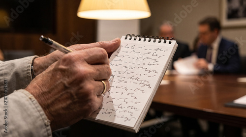 Journalist taking shorthand notes during formal business meeting