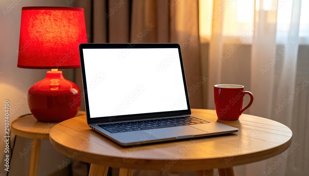 Fototapeta premium Laptop with Blank Screen on Wooden Table in Cozy Home Office Setting