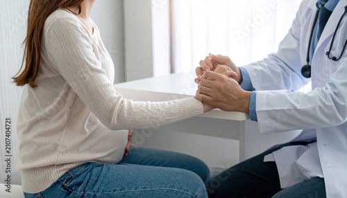 Doctor Holding Hands of Pregnant Woman for Emotional Support and Consultation at Clinic