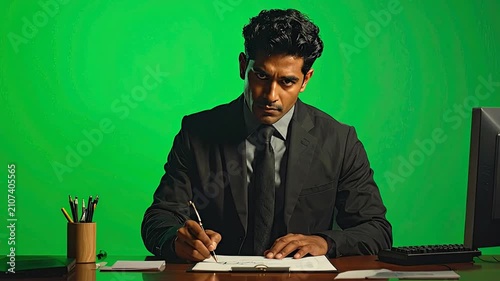 A professional businessman in a suit writes on a document at his desk