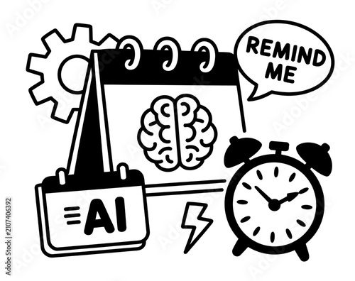 Artistic black and white illustration depicting artificial intelligence, reminders, and time management concepts