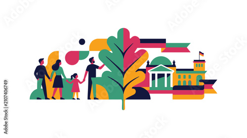 German Family and Reichstag Flat Illustration