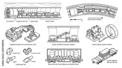 Tunnel Boring Machine (TBM) and Underground Infrastructure Diagram Icon Set - Vector Technical Schematics for Civil Engineering, Mining, and Construction Projects