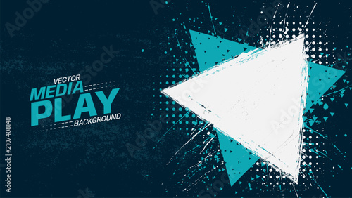 Teal media play background with grunge triangle and splatter texture
