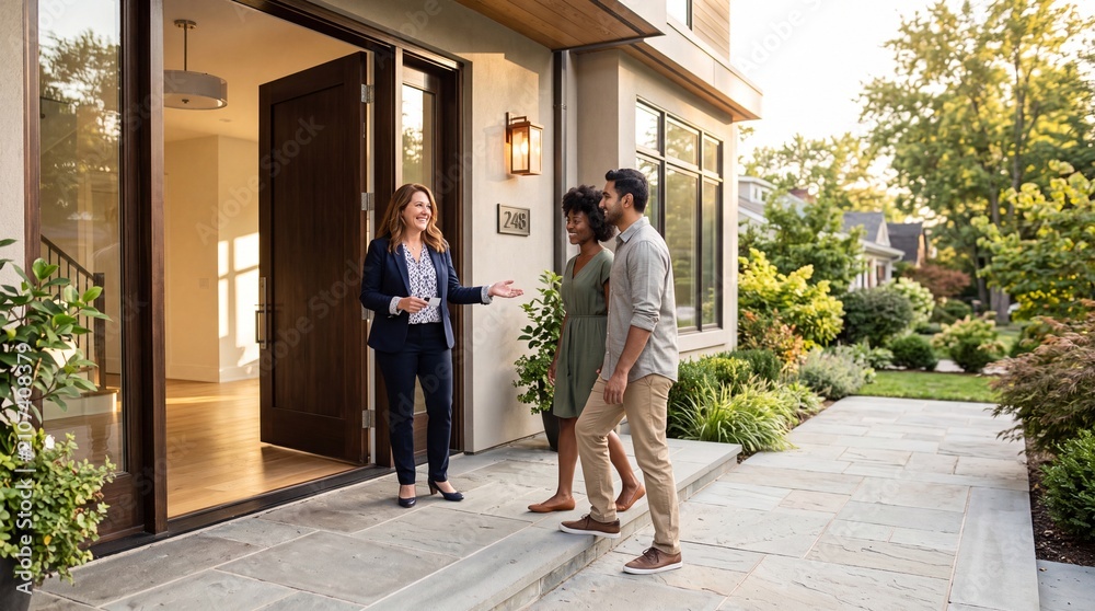 Fototapeta premium Professional Real Estate Agent Welcoming Young Couple to Modern Home Showing