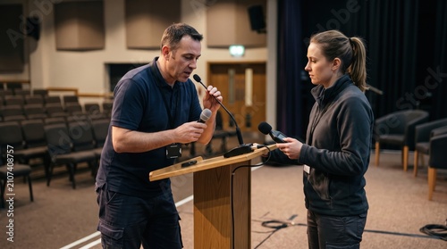 Technicians setting up microphones and audio equipment on a podium in an empty conference hall