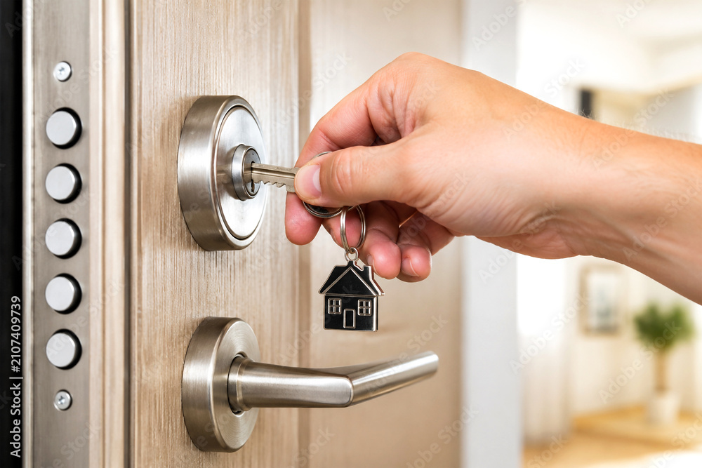 Fototapeta premium Hand Unlocking Front Door with Key: Home Security and Real Estate Concept