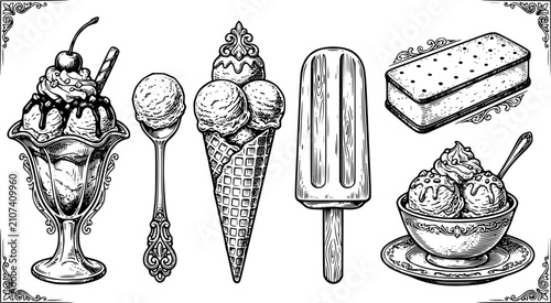 Vintage engraving style ice cream collection featuring sundae, scoop, waffle cone, popsicle, sandwich, and bowl on white.