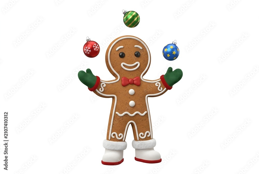 Fototapeta premium 3D gingerbread man juggling colorful Christmas ornaments on white