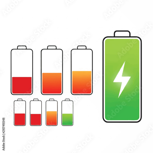 Set of battery charge level indicator icons showing low medium and full power status with lightning bolt charging sign