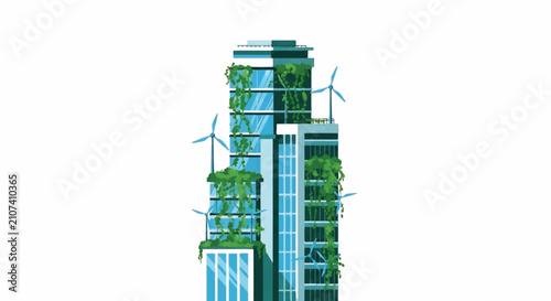 Sustainable eco-friendly green skyscraper with vertical gardens and integrated wind turbines representing clean energy and future urban design