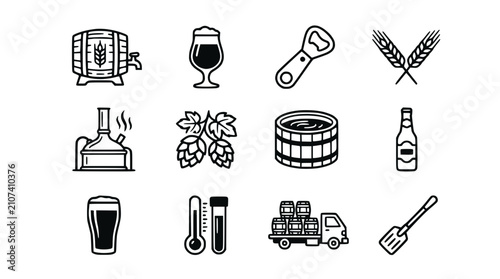 Cuadro en lienzo Beer Brewing Icons: Barrel, Hops, Wheat, Glass, Bottle, Truck, Mash Tun, Spatula