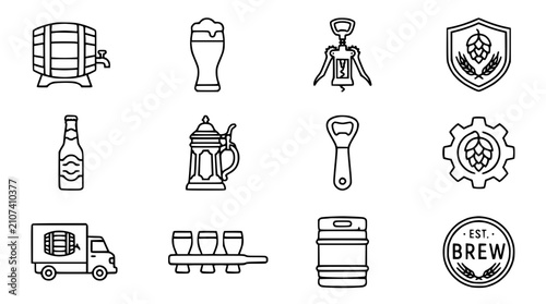 Fotografie Beer Icons Set: Barrel, Glass, Hops, Corkscrew, Bottle, Mug, Opener, Truck, Keg