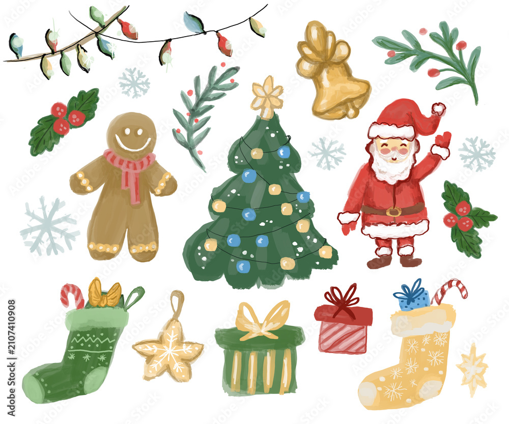 Fototapeta premium Hand drawn watercolor Christmas doodle elements set isolated on transparent background, featuring Santa, tree, gifts, and holiday icons.