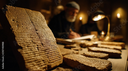 Ancient inscribed clay tablets on scholar’s desk in warm lamplight