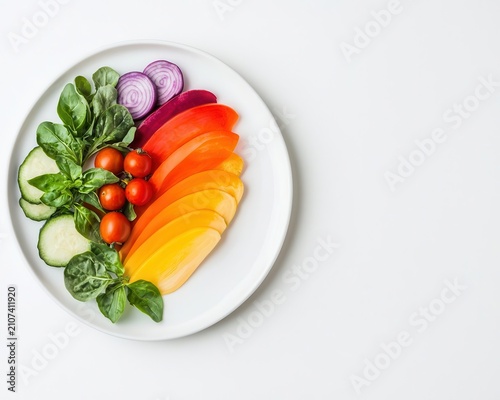 Artistic arrangement of rainbow vegetables on a white plate, clean eating concept
