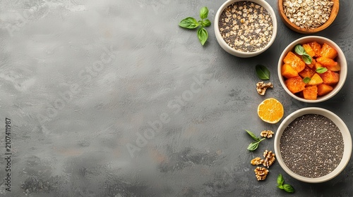 Fresh smoothie bowl topped with chia, flax, and fruits, artistic health food styling