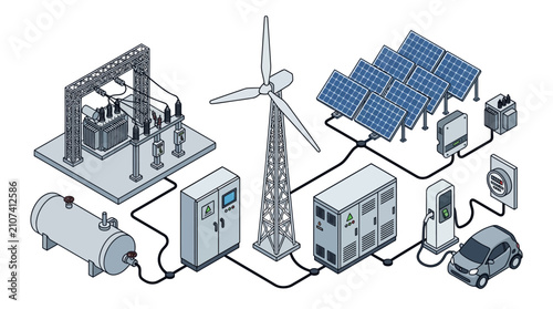Isometric illustration of smart grid renewable energy system with wind turbine, solar panels, and electric car charging