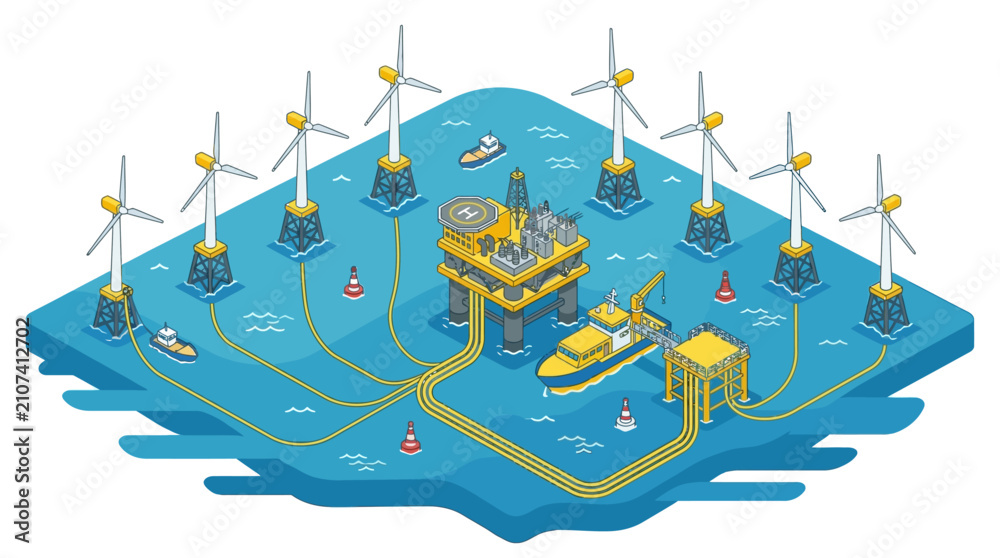 Naklejka premium Isometric offshore wind farm with oil rig and support vessels in blue water