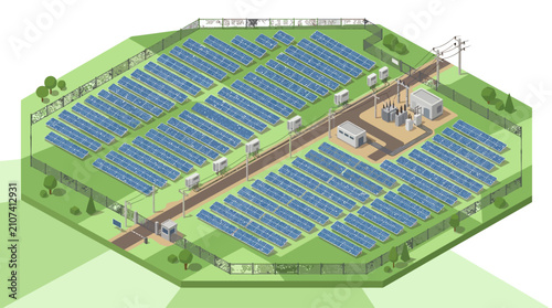 Isometric illustration of a large solar power farm with panels, substation, and transmission lines on green terrain