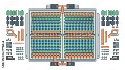 Electric vehicle battery pack assembly diagram with individual cells and connecting components on white background