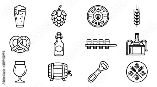 Fotografía Craft Beer Icons: Glass, Hops, Barrel, Pretzel, Brewery Equipment, Wheat