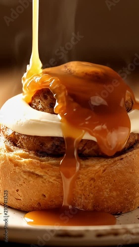 Cinnamon roll with drizzled caramel sauce.