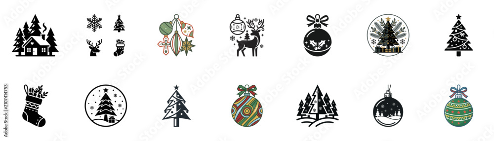 Naklejka premium Christmas Icons Set: Winter Cabin, Trees, Ornaments, Snowflakes, Stockings, Deer
