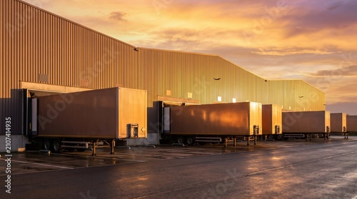 Industrial Logistics Warehouse with Semi-Trailers at Loading Docks during Sunset