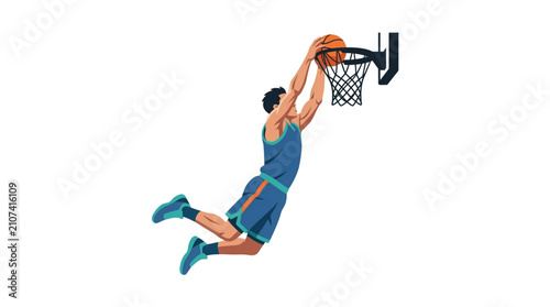 Картината върху платно Basketball player performing a slam dunk in mid-air over a white background