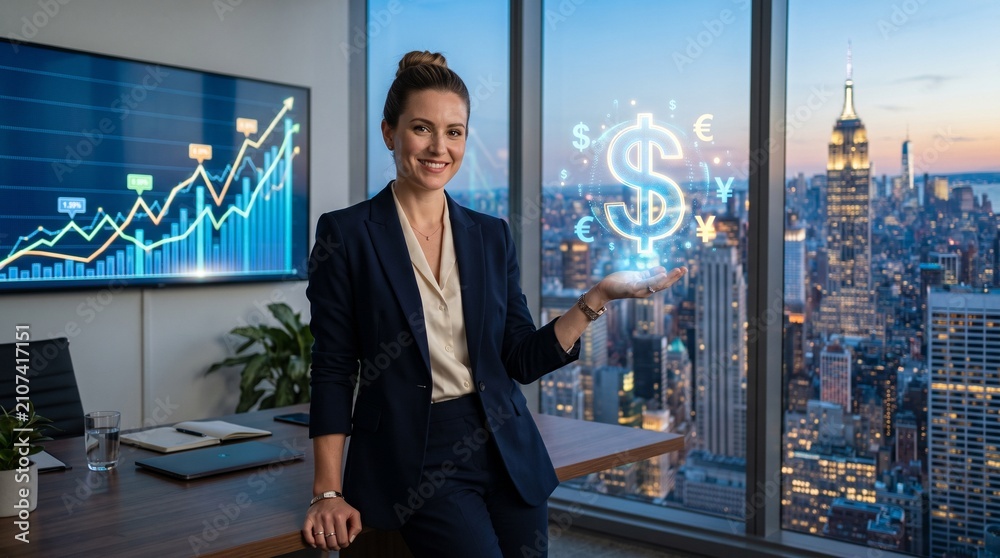 Fototapeta premium Confident businesswoman displays glowing currency symbols with financial graph and city skyline background