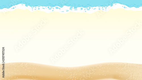 Fotografie Sandy beach background top view, ocean sea wave water foam, summer tropical vacation border template, banner copy space vector illustration
