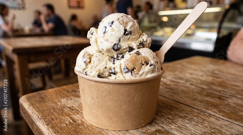 Delicious Chocolate Chip Cookie Dough Ice Cream Served in a Paper Cup with a Wooden Spoon on a Rustic Table