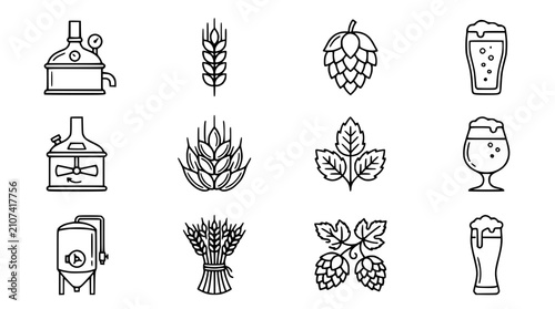 Fotografía Brewery Icons: Brewing Equipment, Hops, Wheat, Beer Glasses - Set