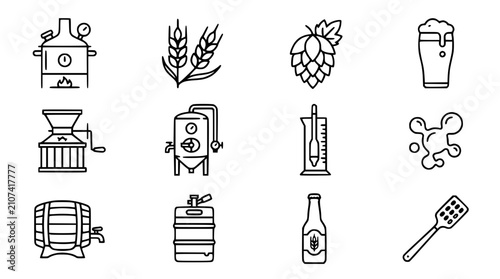 Cuadro en lienzo Brewing Process Icons: Beer Making Equipment, Ingredients, and Tools Collection