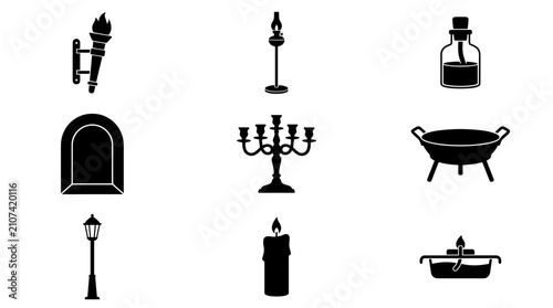 Tableau sur toile Historic lighting fixtures and fire vessel silhouette collection