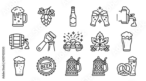 Bild auf Leinwand Beer Icons Set: Mug, Bottle, Barrel, Hops, Pretzels, Oktoberfest Symbols