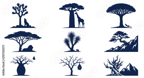 African savanna tree silhouettes with wild animals.