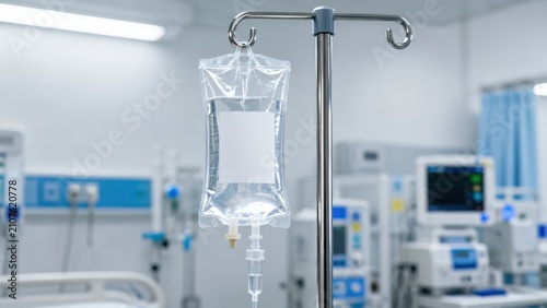 Modern hospital room featuring an intravenous fluid drip bag on a stainless steel stand
