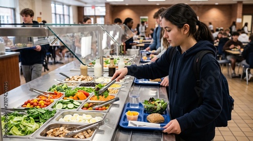 Teenage girl selects fresh salad from a school cafeteria buffet line with diverse healthy food options